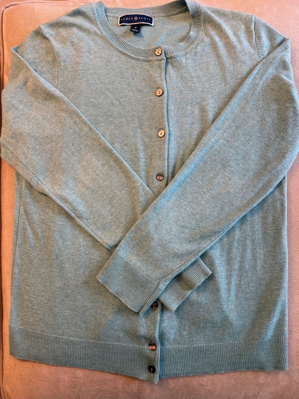 Karen Scott Women’s Light Teal Crewneck Cardigan Sweater Size M